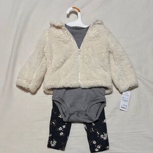 NWTCarter's Cream Fleece Jacket w/ Black & White Striped Bodysuit & Floral pants